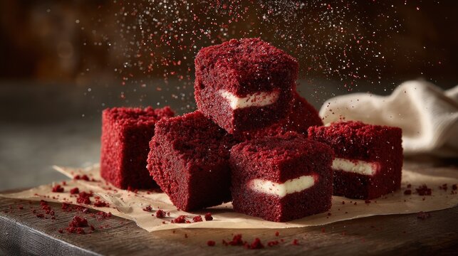 Rich red velvet brownies, dusted with powder, reveal creamy white filling