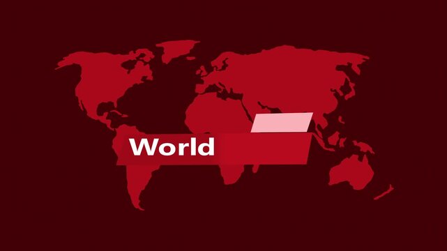 World map silhouette on deep background with news-style colorful lower-third graphic animation
