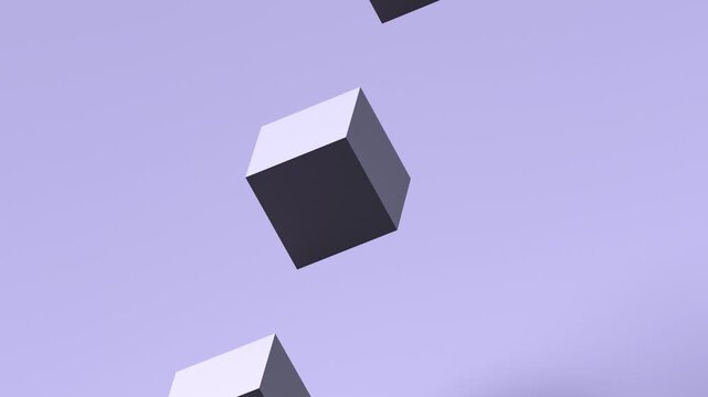 3 cubes, abstract design. Three square shapes in shades of purple, cubic minimalism, concept, animation. 3D render
