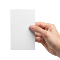 Obraz premium A hand holding a blank white vertical paper card for your custom design and branding message