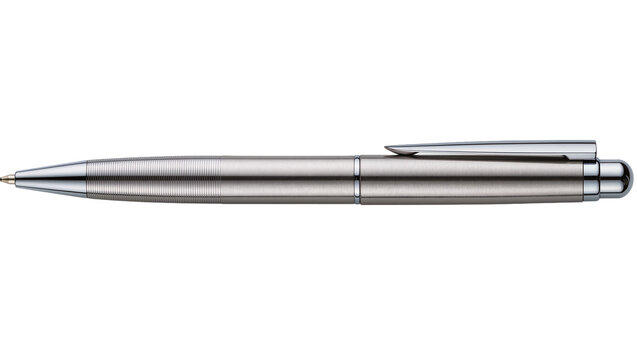 Silver metallic ballpoint pen with textured grip and clip