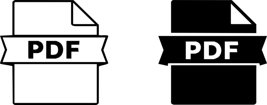 Pdf file format icons with banner ribbon outline and solid black graphic symbols document download extension