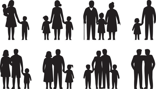 Diverse family silhouettes vector collection. Inclusive minimalist black glyph icons