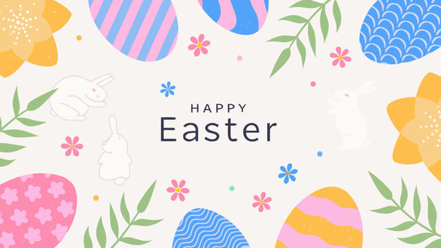 colorful easter pattern with decorated eggs bunny silhouettes and floral elements on a light background