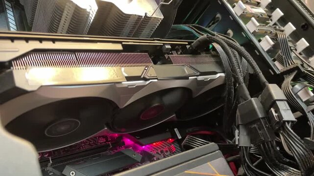 Colorful RGB graphics card components. Detailed imagery of multicolored RGB fans on graphics cards. Closeup view showcasing illuminated RGB fans with dynamic color cycling on graphics hardware