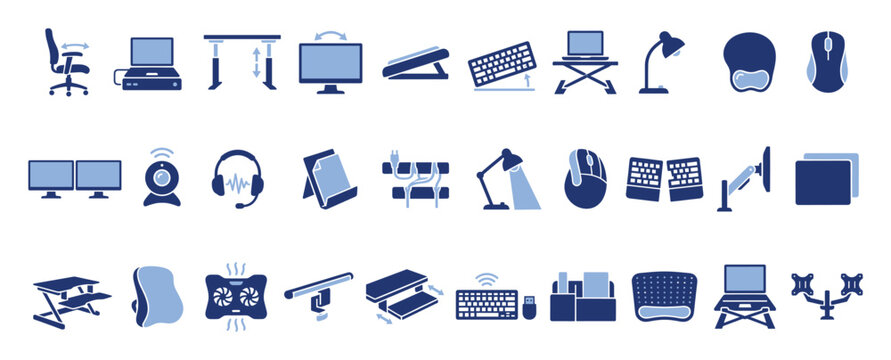 Set of ergonomic computer accessories icons for modern workspace needs