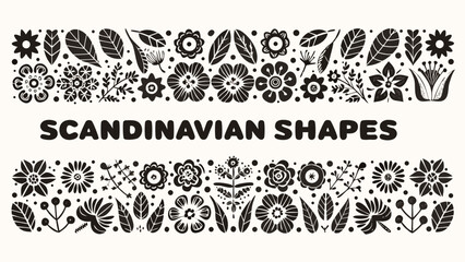 scandinavian floral pattern with leaves and flowers in black on white background © Chapala