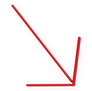 Shiny red down and right pointing arrow symbol isolated on white background. customizable