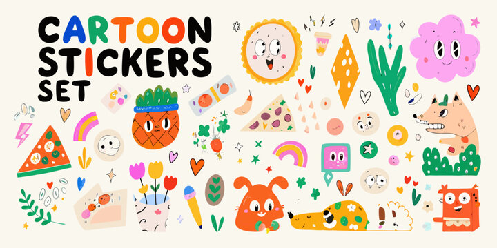 cartoon sticker set with colorful whimsical illustrations of fruits vegetables and happy character designs on a light background