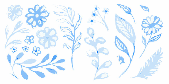 watercolor floral illustrations delicate blue flower and leaf arrangements on white background