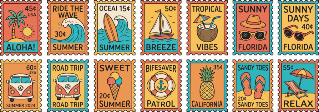Vintage summer travel postage stamps vector set.