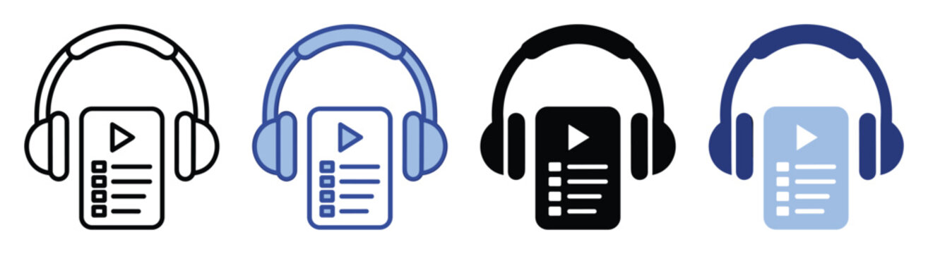 Set of headphones and media player icons for digital audio content streaming applications