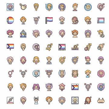 Collection of diverse gender identity and expression icons with rainbow and pride flag elements, modern flat design