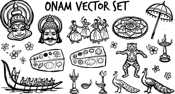 Onam Festival Vector Set: Traditional Indian Kathakali Faces, Boat Race, Food, Tiger Dance, Peacocks, Lamps, Umbrella, Floral Design - Black and White Line Art