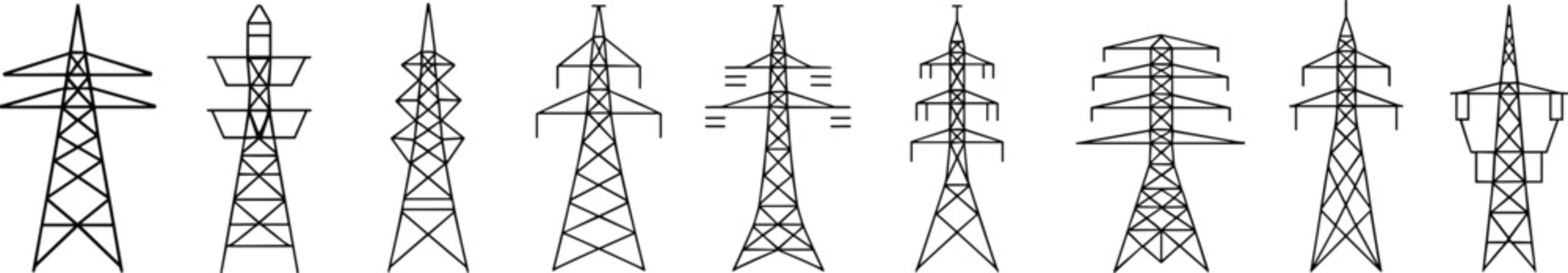 Collection of black and white line art illustrations of various electricity pylons and transmission towers