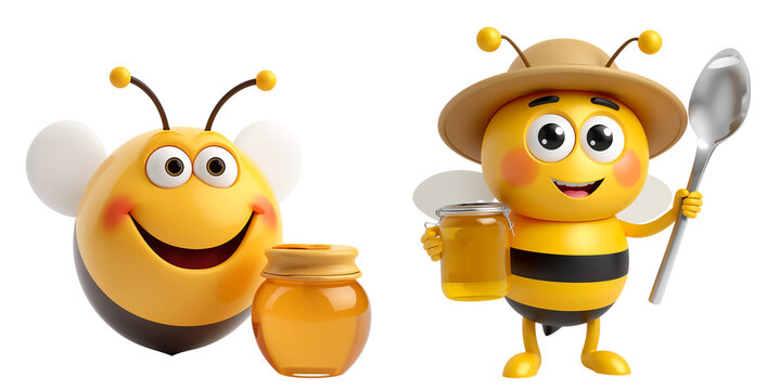 Cute cartoon funny bee with honey, 3D design, isolated on transparent background