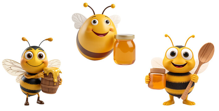 Cute cartoon funny bee with honey, 3D design, isolated on transparent background