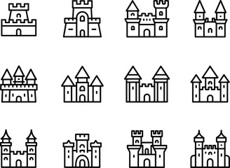 Collection of twelve black outline castle icons on white background fortress tower © Vectorplanet