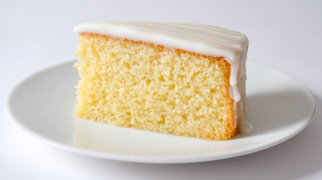 Isolated yellow cake slice with white glaze on a round plate, crisp focus, creamy texture, and bright lighting