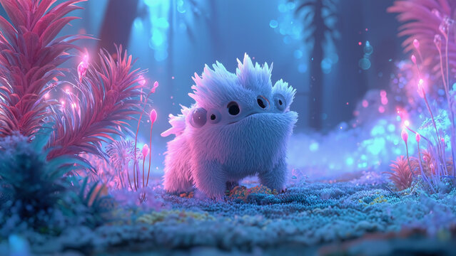Cute fluffy multi eyed alien monster creature standing in a magical bioluminescent forest