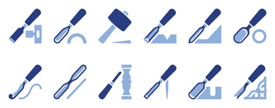 Set of woodworking chisel and mallet icons for carpentry and crafting techniques.