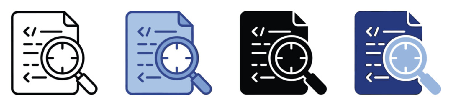Set of programming code search icons for software development and application user interfaces
