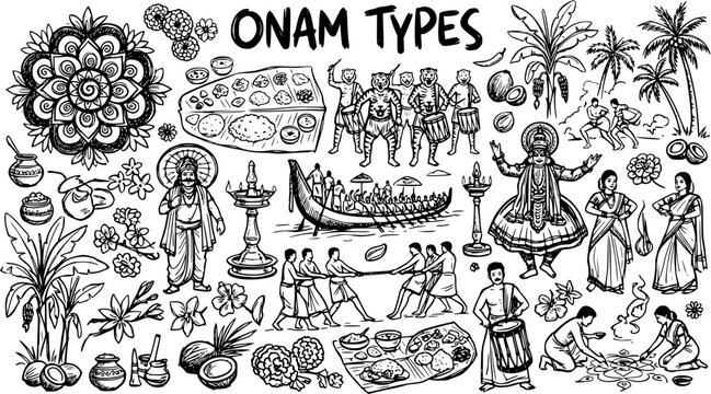 Onam Festival Doodle Icons: Traditional Kerala Celebrations, Food, Dance, Boat Race, Line Art