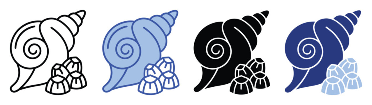 Set of sea snail shells and barnacles icons in different styles perfect for marine life designs