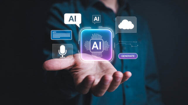 Hand holding futuristic ai microchip processor icon interface with virtual cloud and voice command holograms.