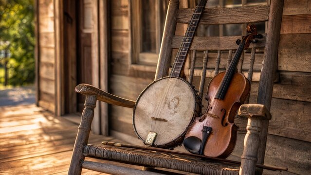 banjo. Old banjo and fiddle on a rustic wooden porch rocking chair in warm light. event programs, museum guides, designed for cultural heritage projects and event programs, used by policy analysts.