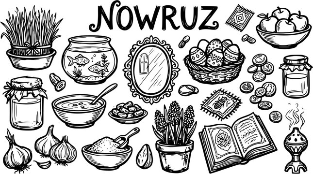 Nowruz Symbols Vector - Black and White Line Art for Spring Celebration and Persian New Year