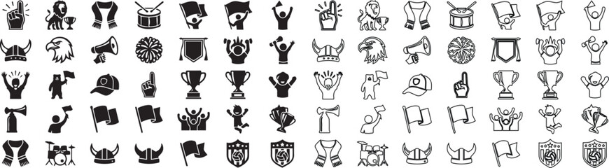Sports fan and stadium cheering icons, 70 soccer championship supporter symbols, black solid and line vector set for football tournament branding © s graphics 