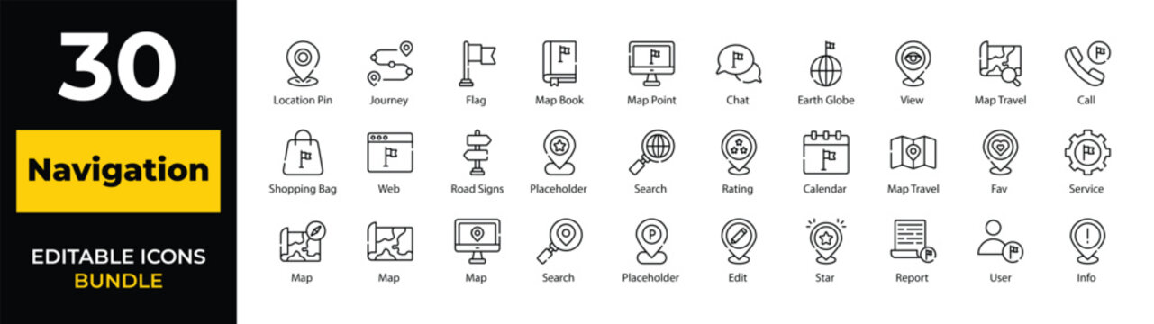 Navigation Line Icons Bundle, Editable Outline Map and Location Vector Icons Set