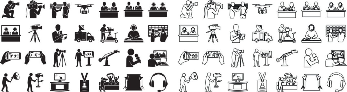 Journalism and broadcasting icons set, professional news media production symbols, television studio and press conference vector illustrations
