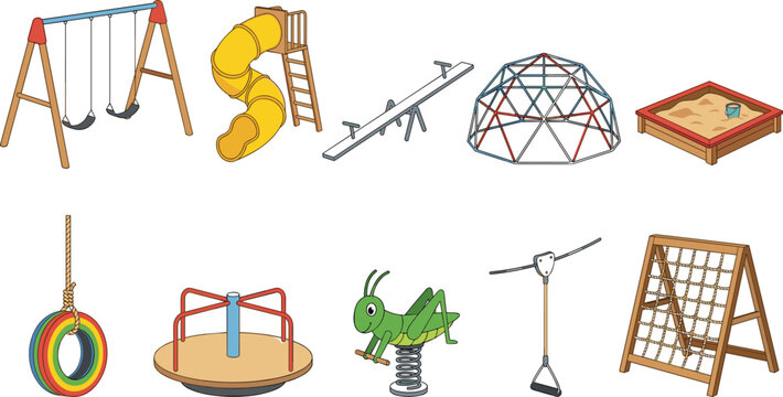 Outdoor Playground and Children Recreation Equipment Icon Collection Featuring Swings, Sandbox, Climbing Frame, Seesaw, Tire Swing, and Park Activity Elements