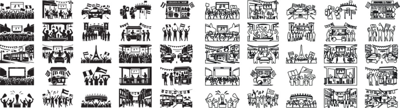 Black and white event icons set, 50 vector illustrations of business conferences and stage presentations, professional seminar and workshop symbols