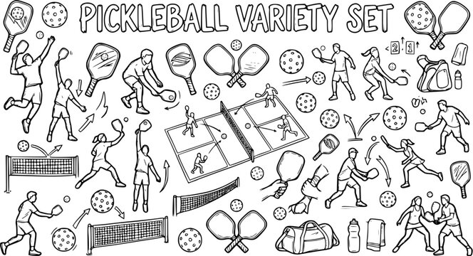 Pickleball Variety Set: Sports Illustrations with Line Art Style and Active Players