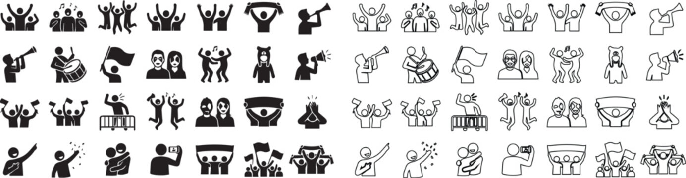 Sports fans icon set, cheering crowd and stadium audience silhouettes, 56 black line and solid vector pictograms for event marketing