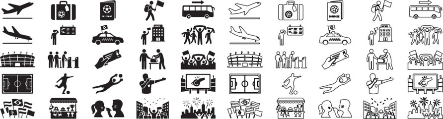 Travel and sports icon set, 50 vector icons in solid and line styles, airport and tourism symbols, soccer and stadium graphics for mobile apps © s graphics 