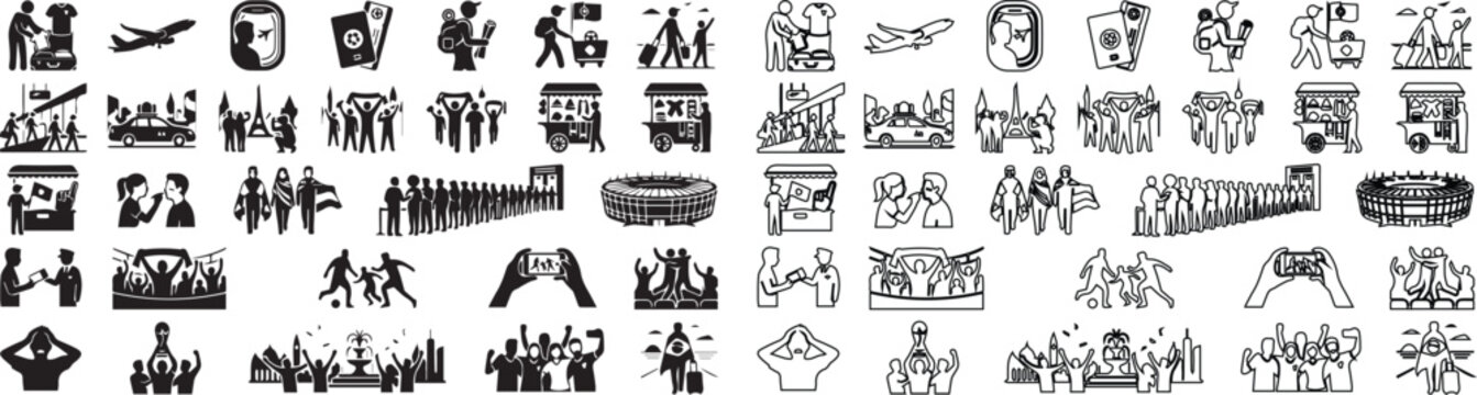 Travel and tourism icon set, black silhouette and outline vacation symbols, airport and flight vector elements, crowd and event management graphics