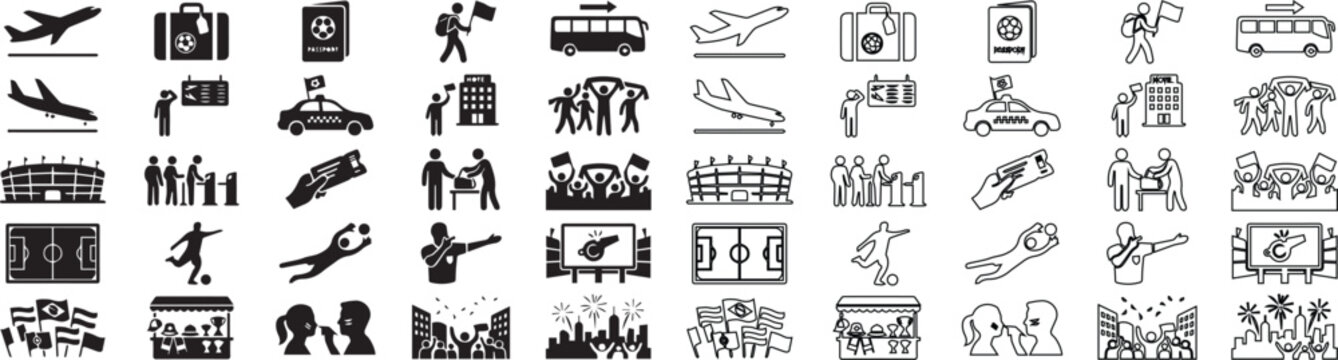 Travel and sports icon set, 50 vector icons in solid and line styles, airport and tourism symbols, soccer and stadium graphics for mobile apps