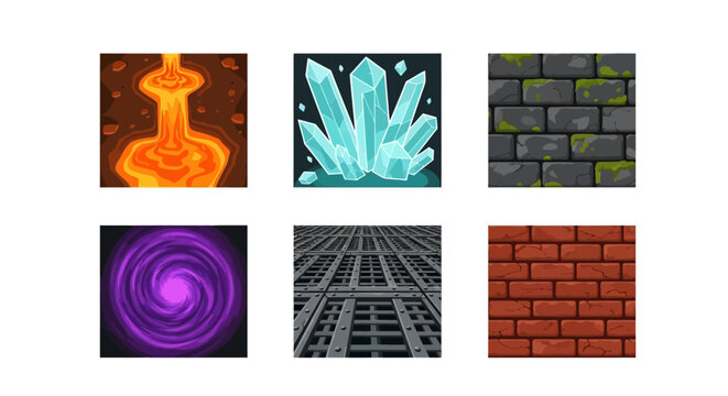 Collection of six distinct game assets featuring a fiery potion, glowing crystals, a mossy brick wall, a purple vortex, a futuristic grid, and a classic red bri