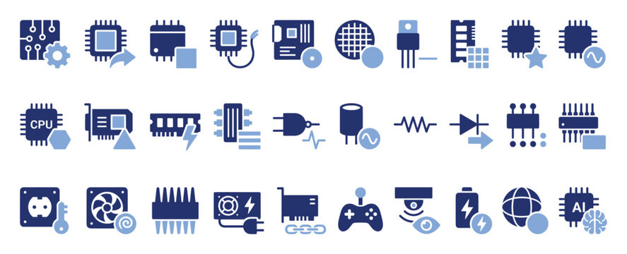 Set of technology and electronics icons representing computer hardware components and engineering