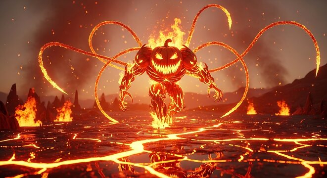 Fantasy creature in fiery landscape burning.