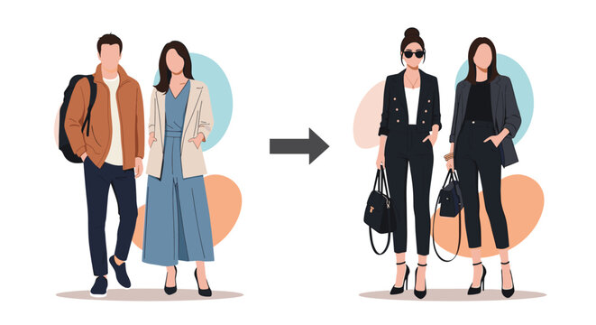 Illustration showing a fashion transformation of a man and woman from casual everyday wear to formal business suits.