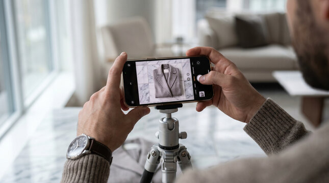 Over the shoulder view of a fashion resale curator photographing a folded cashmere coat on marble tile, phone propped on a small tripod, sof 3