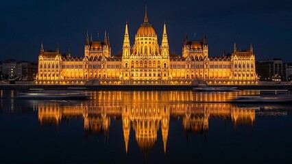 Naklejka premium Magnificent Hungarian Parliament Building at twilight, brilliantly illuminated and reflected in the serene Danube River, a stunning architectural masterpiece of Budapest