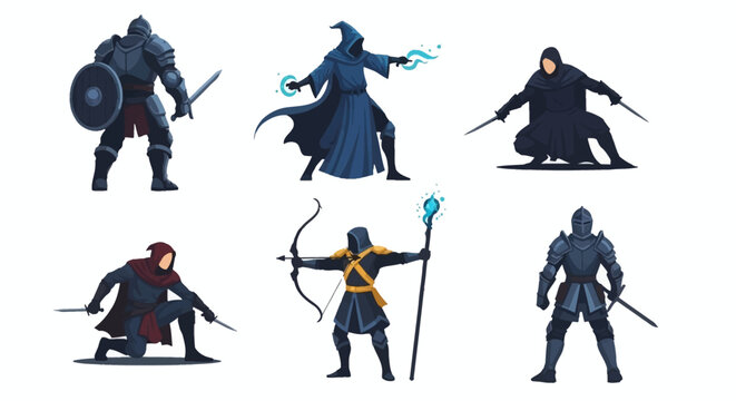 Fantasy RPG Characters Set - Warriors, Mages, and Rogues in Dynamic Poses.