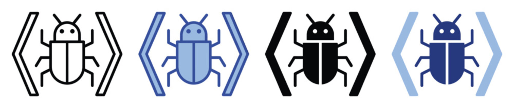 Set of debugging code bug icons for software development programming and error fixing applications