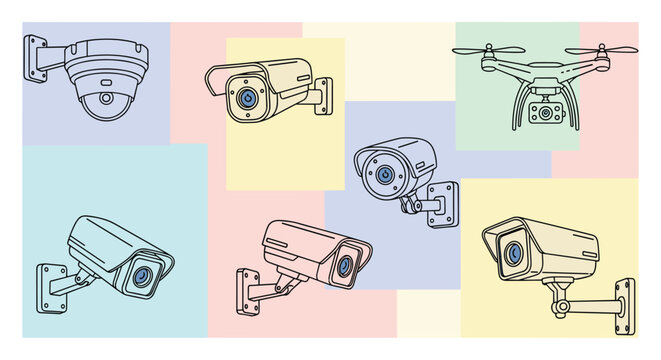 Collection of various modern security surveillance cameras including dome bullet and a flying monitoring drone.